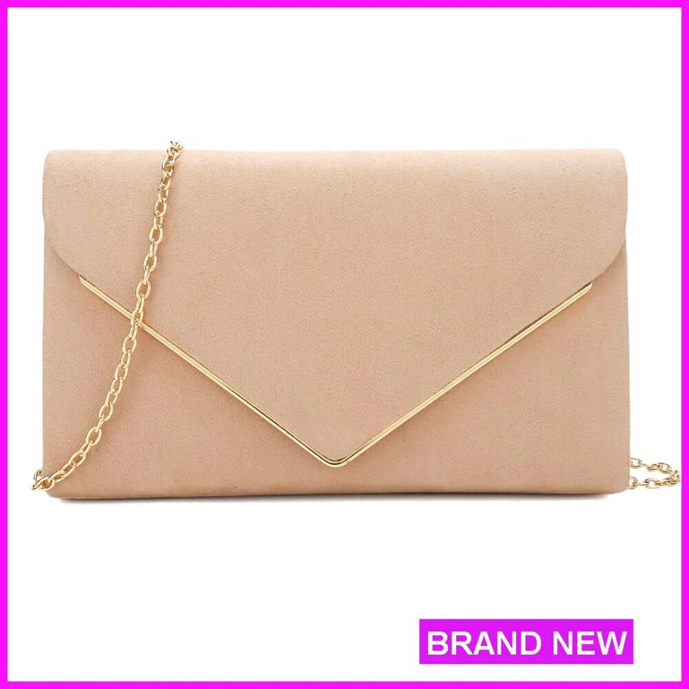 Faux Suede Clutch Evening Purse Elegant Metal Binding Detachable Chain Strap